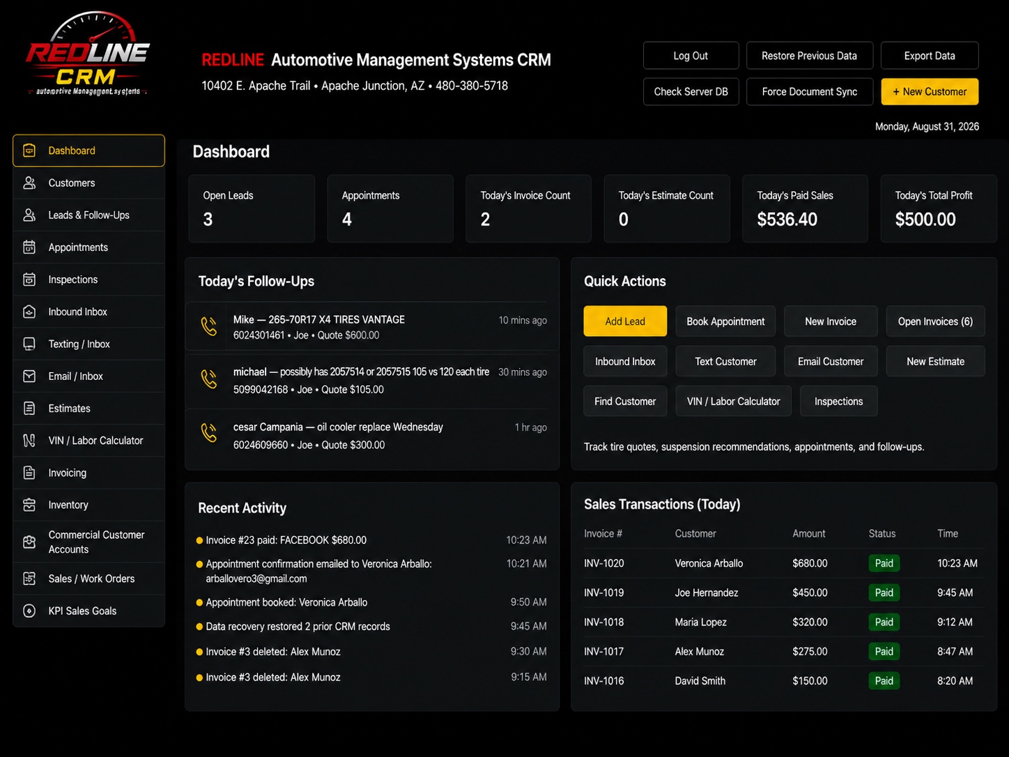 Redline CRM management dashboard preview
